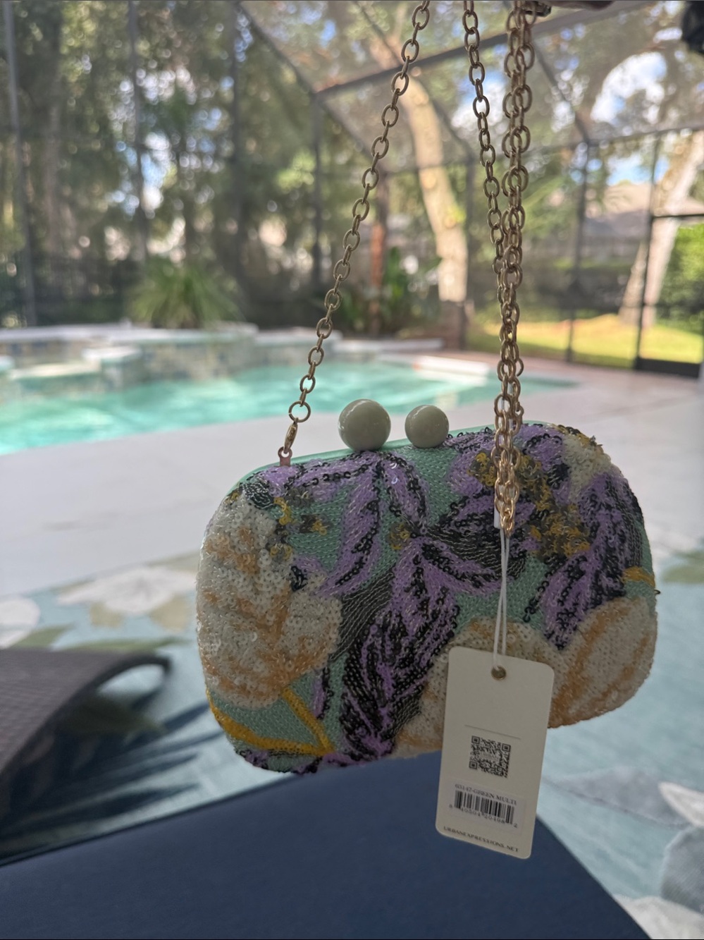 Urban Expressions Lilac Mint Cream Beaded Floral Clutch with Gold Chain